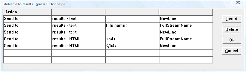 screen shot:  action group that sends current input file name to result files